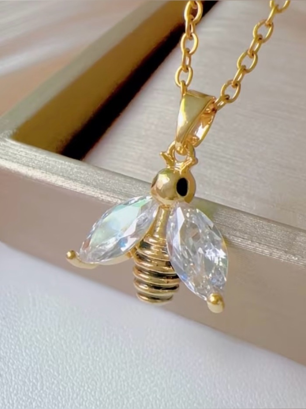 Gold Bee Pendant Necklace with Clear Crystal Wings